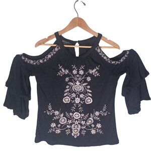 INC Boho Top Womens Small Embroidered Floral Cold Shoulder Beaded Peasant